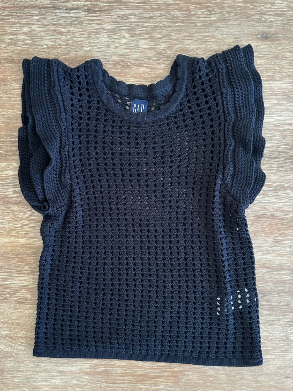 GAP Black Open-Knit Crochet Round Neck Ruffle Sleeve Top